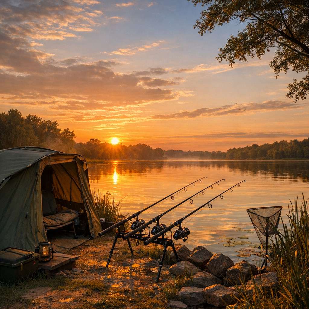 Rybářské pruty u jezera při západu slunce
